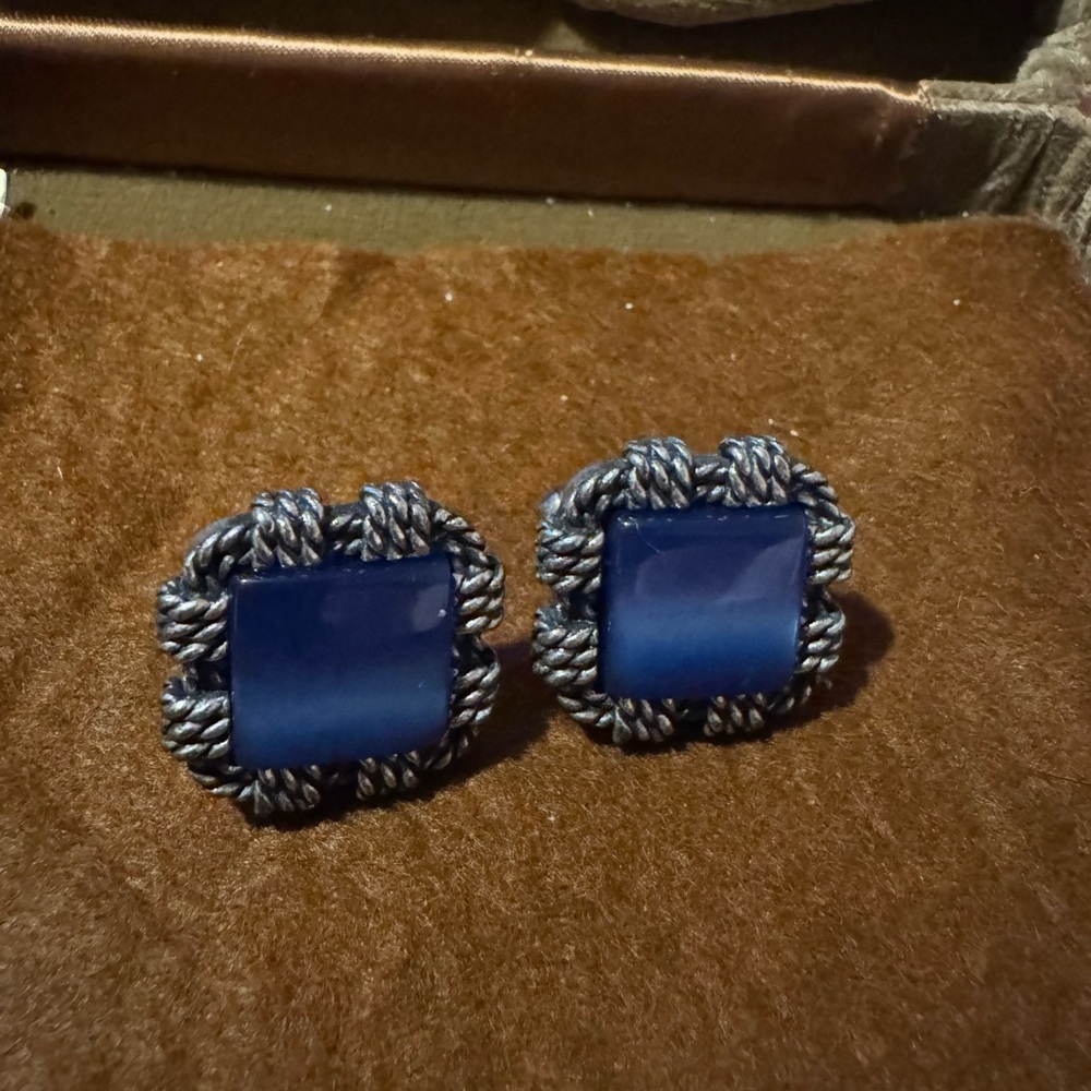 Swank elegant blue and silver square cufflinks ornate border